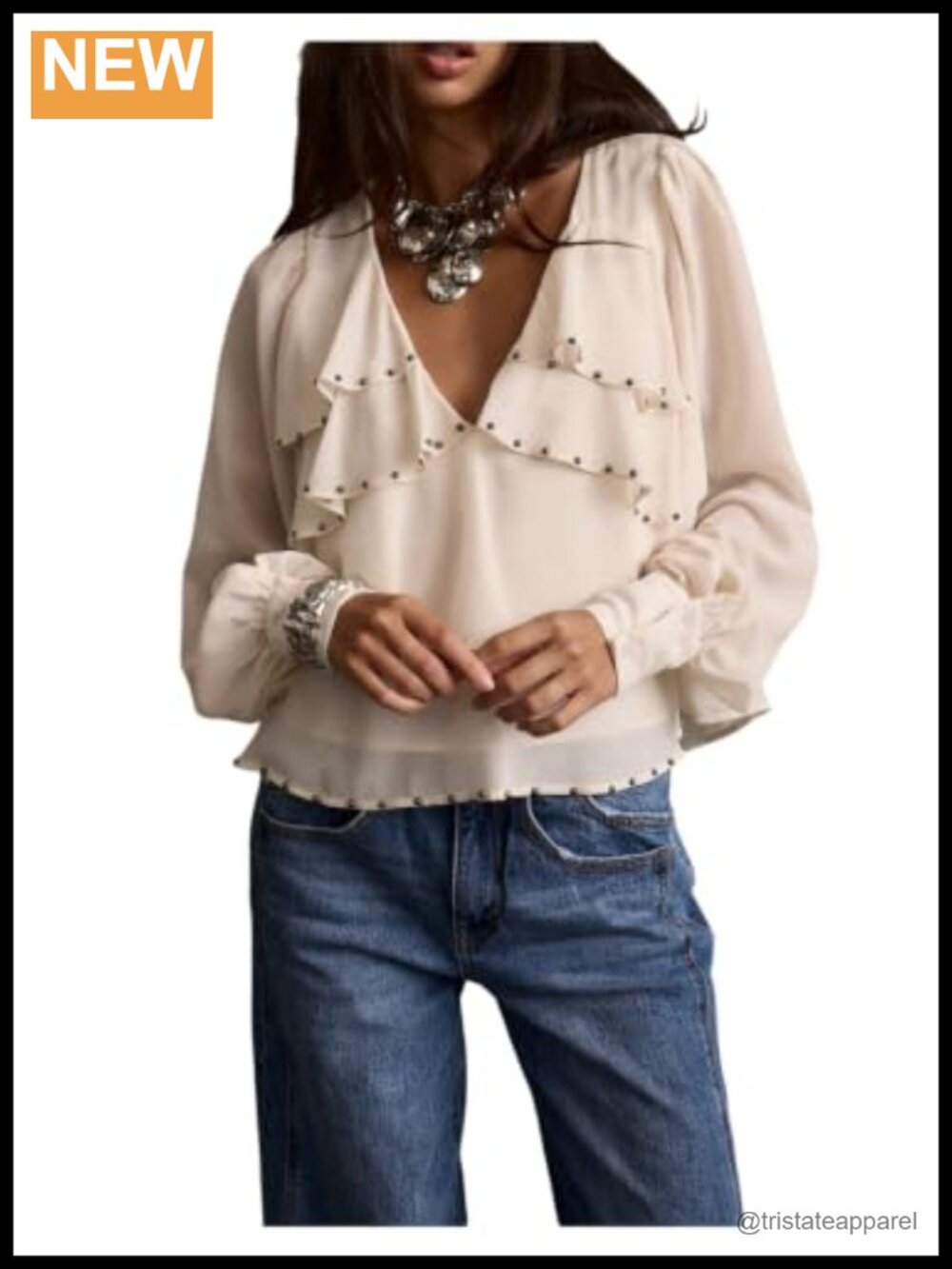 Chiffon Ruffle Blouse V-Neck Long Sleeve Semi Sheer Flowy Top
